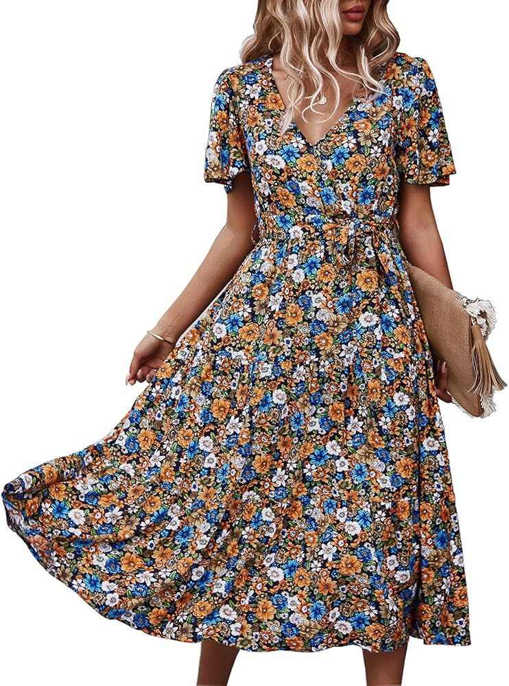 UIMOJ Womens Boho Dress V Neck Short Sleeve Floral Summer Casual Dress with Belt | Amazon (US)