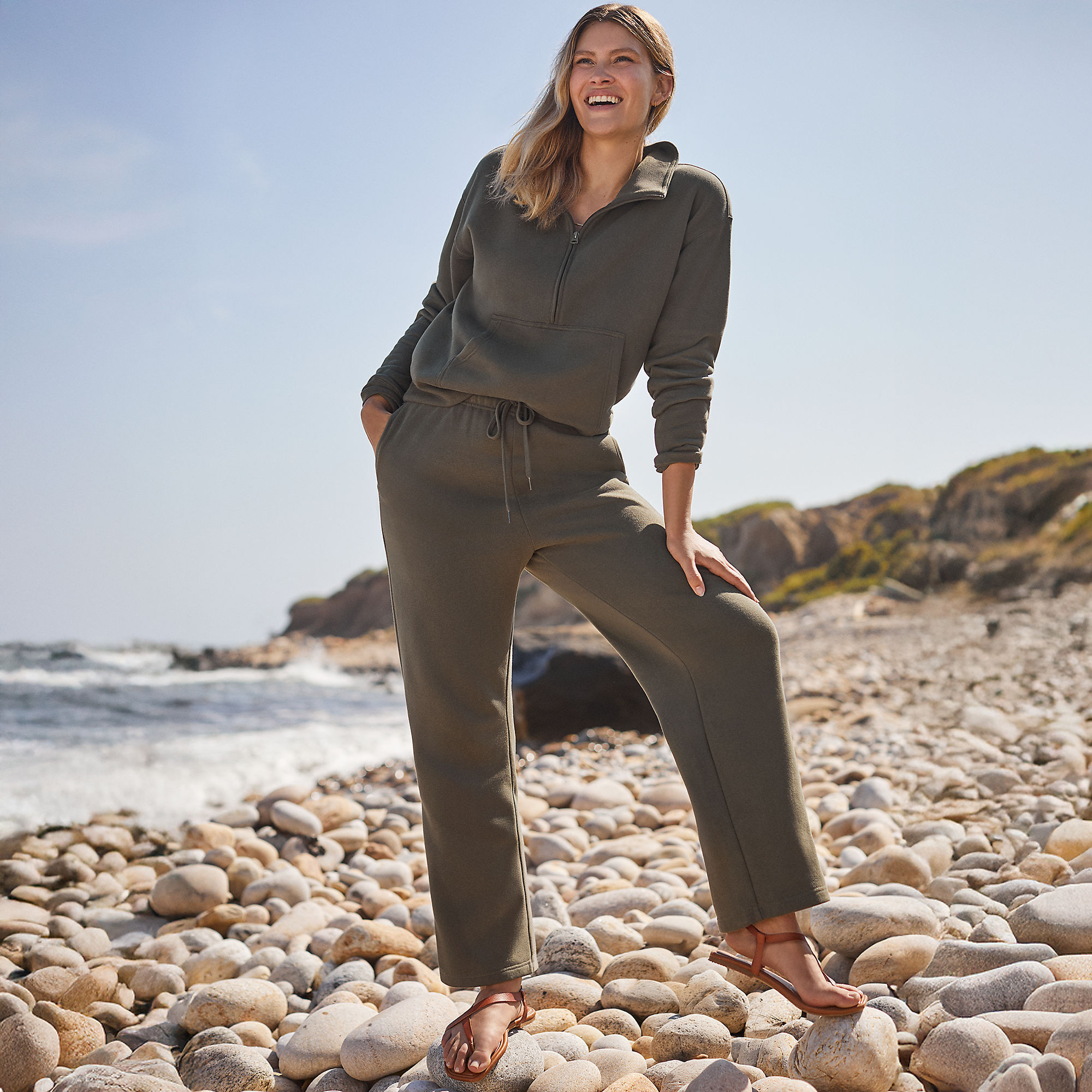 Women's Serious Sweats High Rise Relaxed Straight Leg Pants - Set Bottom | Lands' End (US)