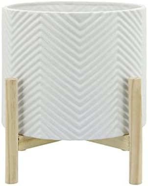 Amazon.com: Sagebrook Home 12"" Ceramic Chevron Planter W/ Wood Stand, White, 10 x 10 x 12 (15065... | Amazon (US)