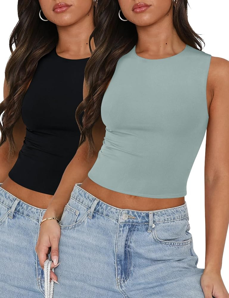LOMON Womens Cropped Tank Tops Double Layer Workout Tank Tops Pack Sleeveless Basic Tight Tank To... | Amazon (US)