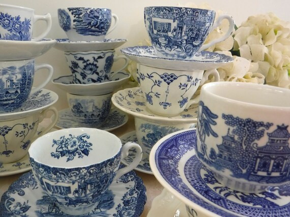 Tea Coffee Cups and Saucers and Teapot - Blue and White | Etsy (US)