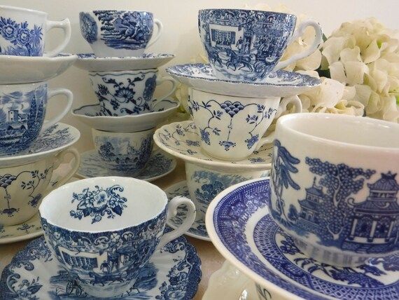 Tea Coffee Cups and Saucers and Teapot - Blue and White | Etsy (US)
