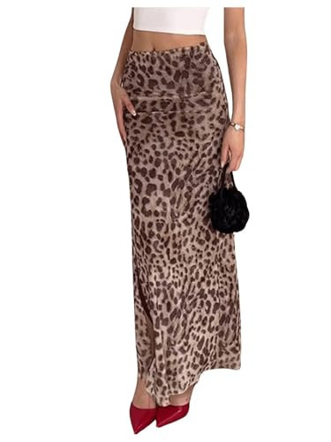 BEAUDRM Women's Y2K Leopard Print Skirts Ruched Side Slit Maxi Skirt Mesh Sheer High Waisted Long Skirt Cheetah Bodycon Skirt Coffee Brown Medium | Amazon (US)