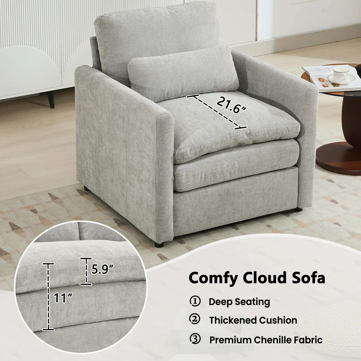 31.9" Cozy Upholstered Armchair Oversized Comfy Cloud Sofa Double Cushion Single Sofa Plush Cushi... | Wayfair North America