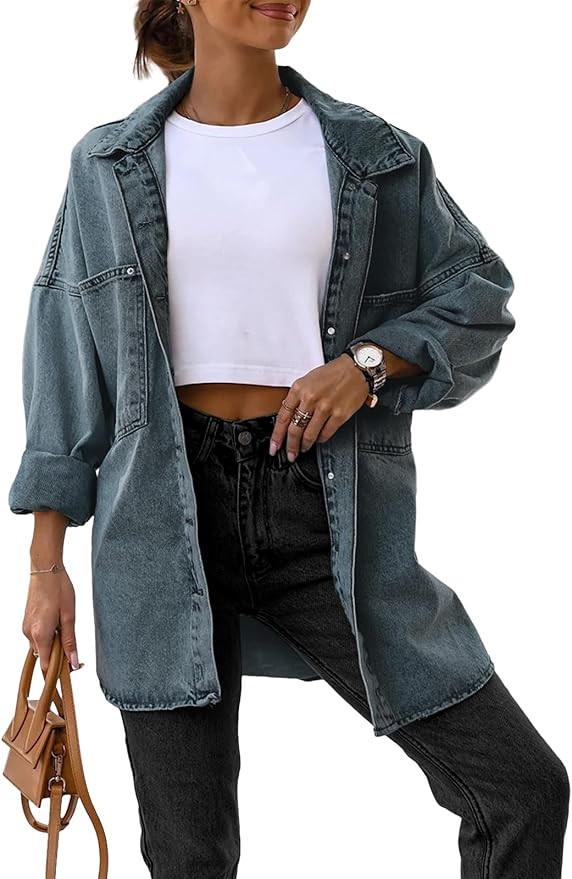 Saodimallsu Women's Oversized Denim Jackets Casual Button Down Long Boyfriend Jean Coats with Poc... | Amazon (US)