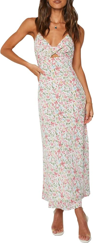ZAFUL Women's Spaghetti Strap Floral Summer Hollow Twist Front Maxi Dresses Sexy Cutout V Neck Ba... | Amazon (US)