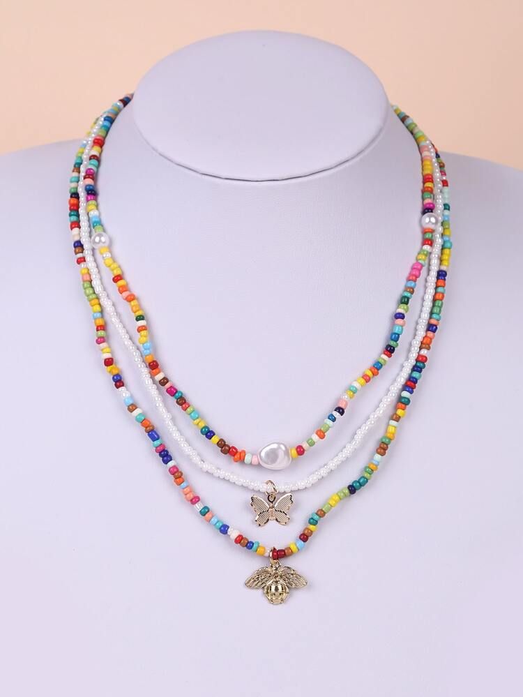 3pcs Butterfly Charm Beaded Necklace | SHEIN
