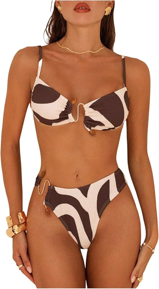 MakeMeChic Women's 2 Piece Bikini Set Graphic Tie Backless Metal High Cut Bathing Suit | Amazon (US)