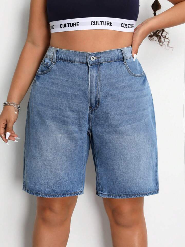 SHEIN EZwear Plus Size Women's Bermuda Denim Shorts With Pockets | SHEIN