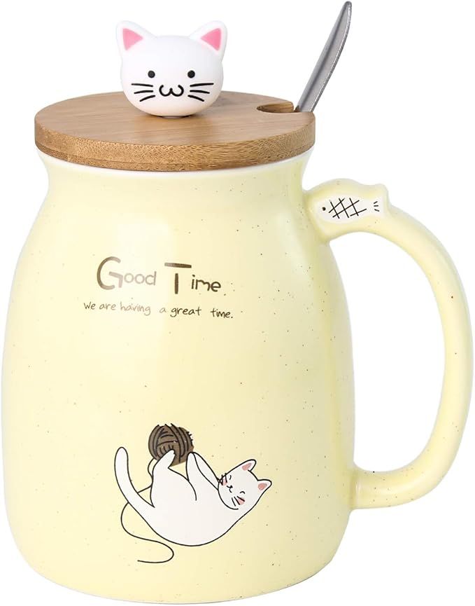 15oz Cute Cat Coffee Mug, Ceramic Tea Cup with Lovely Kitty Bamboo lid and Stainless Steel Spoon,... | Amazon (US)