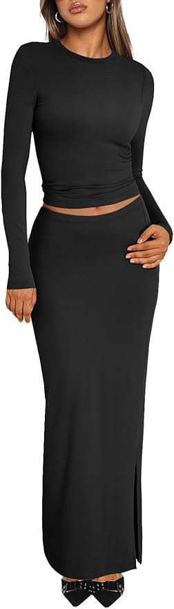Trendy Queen 2 Piece Skirts Sets for Women Long Sleeve Crew Neck Crop Tops Bodycon Maxi Matching ... | Amazon (US)
