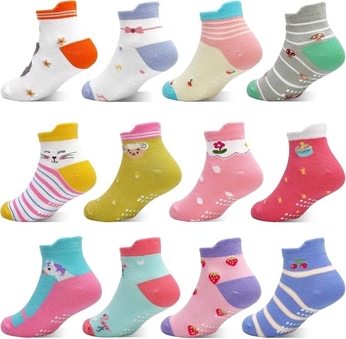 GRPSKCOS Toddler Socks Girls, Non Slip 12 Pairs Kids Ankle Socks with Grippers for 1-7 Years Chil... | Amazon (US)