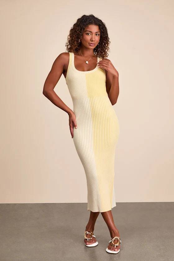Radiant Personality Yellow Color Block Ribbed Knit Midi Dress | Lulus