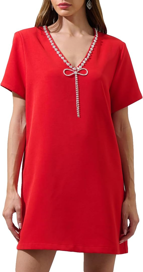 Women's V Neck Shift Mini Dress Short Sleeve Bow Glitter Rhinetone Dress Sexy Party Cocktail Shor... | Amazon (US)
