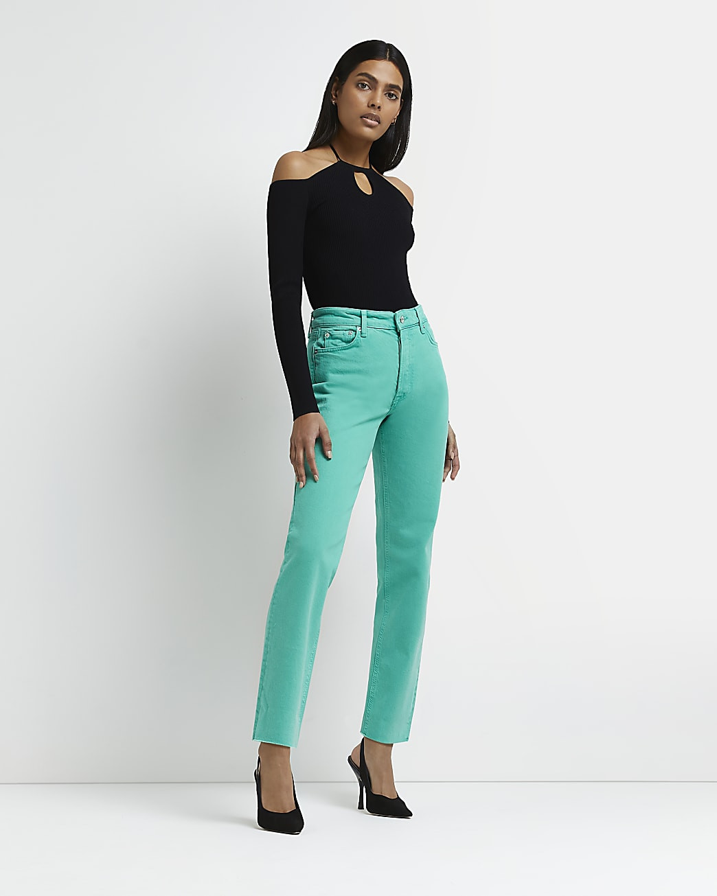 Green high waisted straight jeans | River Island (UK & IE)