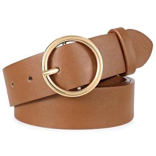 XZQTIVE Women Leather Belt with Circle Gold Buckle Fashion Ladies Waist Belt for Jeans Pants Dresses,Brown | Amazon (US)