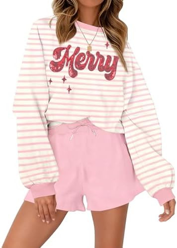 VILOVE Christmas Sweat Shorts Sets Women 2 Piece Merry Xmas Jolly Sequin Outfit Oversized Casual ... | Amazon (US)