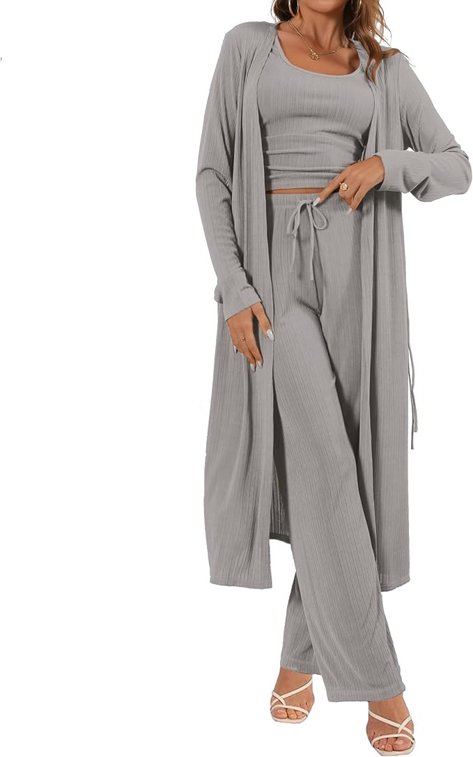 Women's 3 Piece Lounge Set Open Front Cardigan Pajamas Set | Amazon (US)