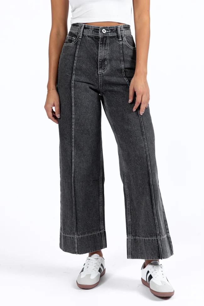 Estelle Black Acid Wash Wide Leg Front Seam Denim Pants | Pink Lily