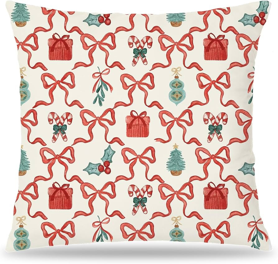 Coquette Red Bow Christmas Pillow Covers 18x18, Coquette Christmas Decor, Vintage Christmas Pillo... | Amazon (US)