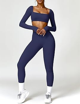 Amazon.com: ABOCIW Workout Sets for Women 2 Piece Square Neck Long Sleeve Workout Crop Top Scrunc... | Amazon (US)