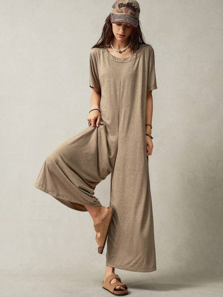 Bohemela Women's Solid Color Round Neck Short Sleeve Jumpsuit, Summer Vacation Casual Wear | SHEIN