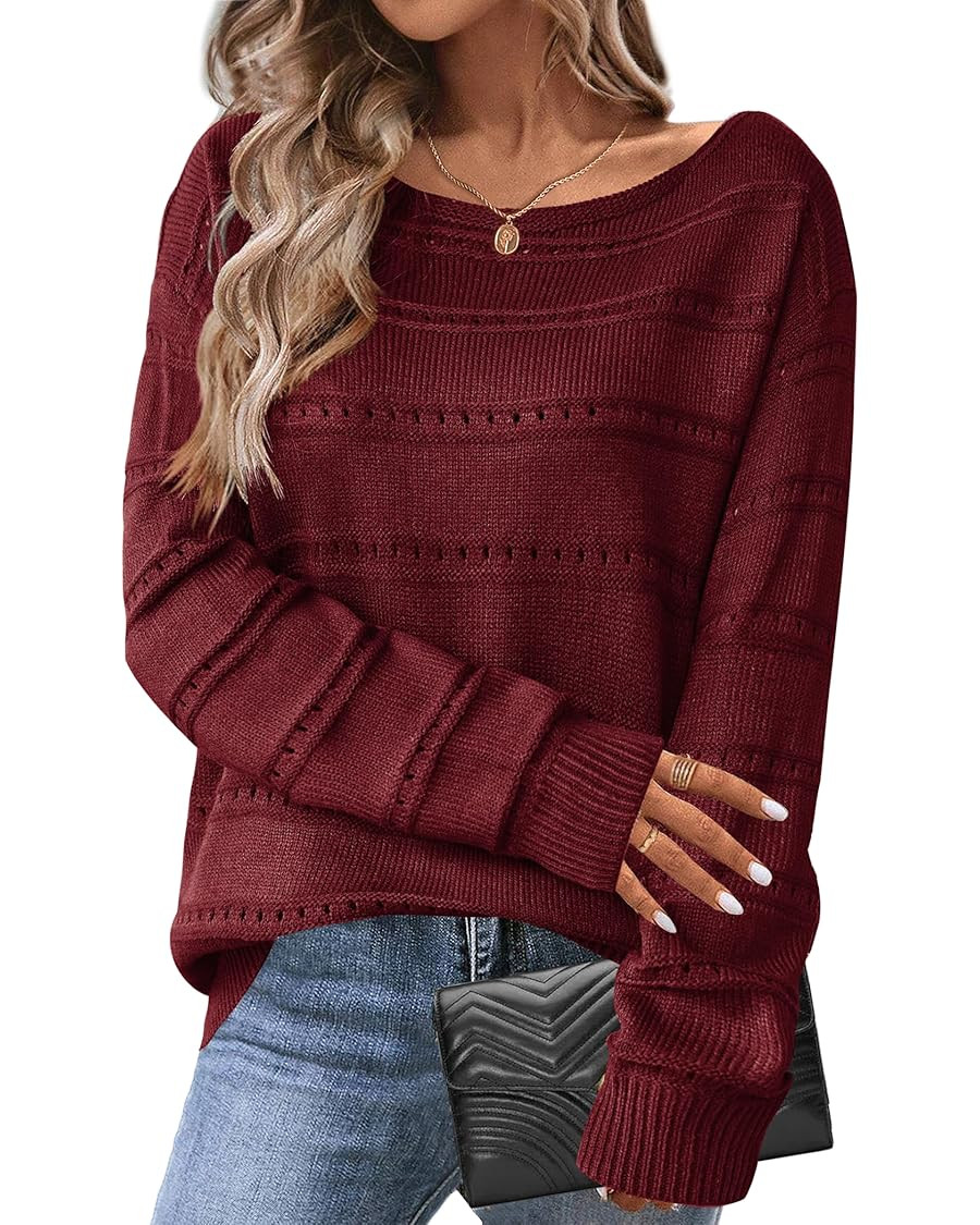 Zeagoo Womens Sweaters Cute Long Sleeve Off The Shoulder Pullover Tops Hollow Out Crochet Dressy ... | Amazon (US)