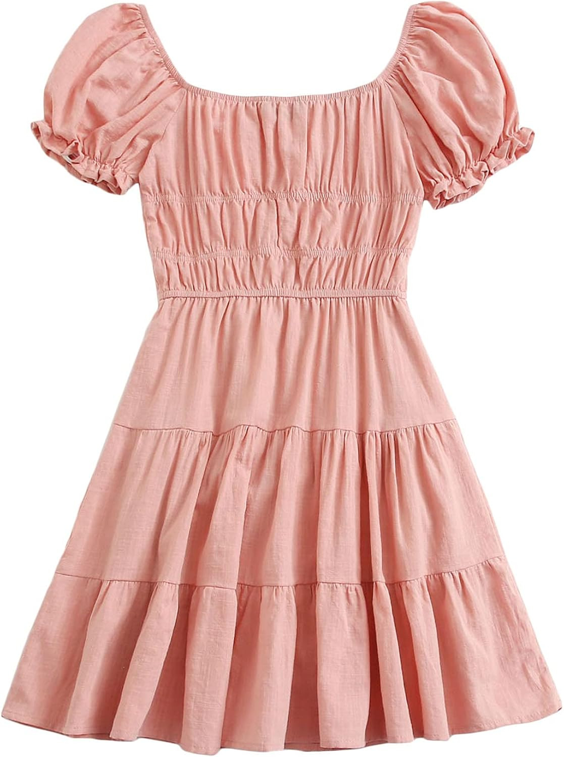 SheIn Women's Short Puff Sleeve Ruched Mini A Line Dress Ruffle Tie Front Square Neck Short Dresses | Amazon (US)