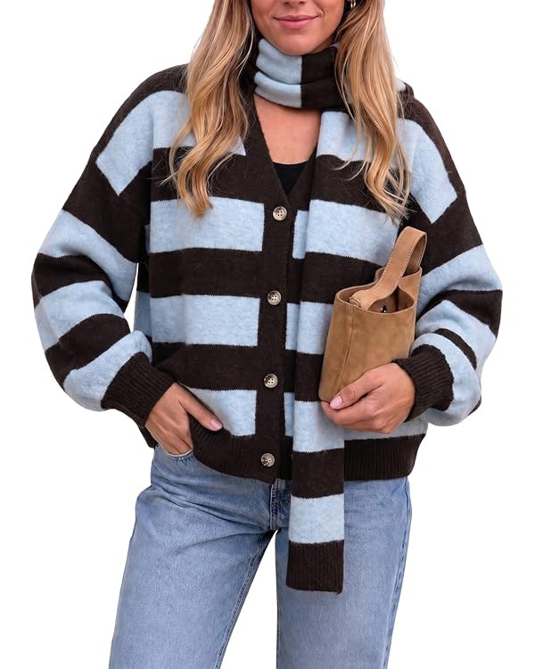 Womens Striped Cardigan Sweaters Oversized Cute Cardigan with Scarf | Amazon (US)