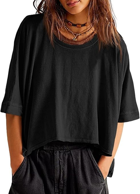 Tankaneo Womens Oversized T-Shirts Cropped Summer Casual Short Sleeve Loose Fit Tee Tops | Amazon (US)