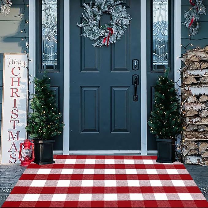 Christmas Door Mat Outdoor 35.4''x59'' Buffalo Plaid Christmas Decor Rug Cotton Hand-Woven Layere... | Amazon (US)