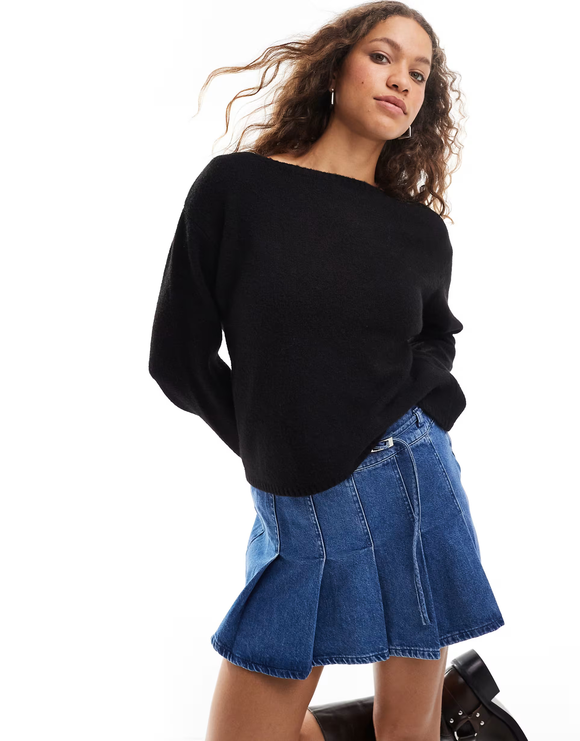 Monki knitted top with off shoulder boat neck in black | ASOS | ASOS (Global)