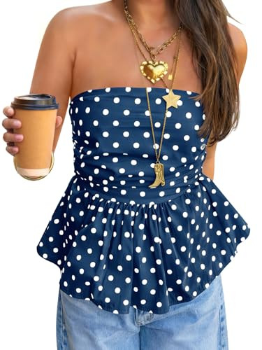 Tankaneo Womens Strapless Polka Dot Tube Tops Summer Cute Backless Peplum Ruffle Hem Bandeau Top ... | Amazon (US)