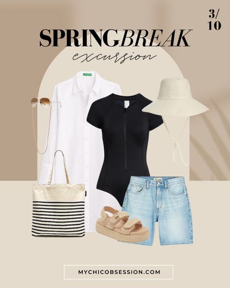 Planning your spring break outfits? I’ve got some resort wear outfit ideas for you! Wear a sporty swimsuit with denim shorts, a linen cover up, sandals, a bucket bag, and a tote bag for your next excursion, whether you go zip lining  or boating 

#LTKtravel #LTKswim
