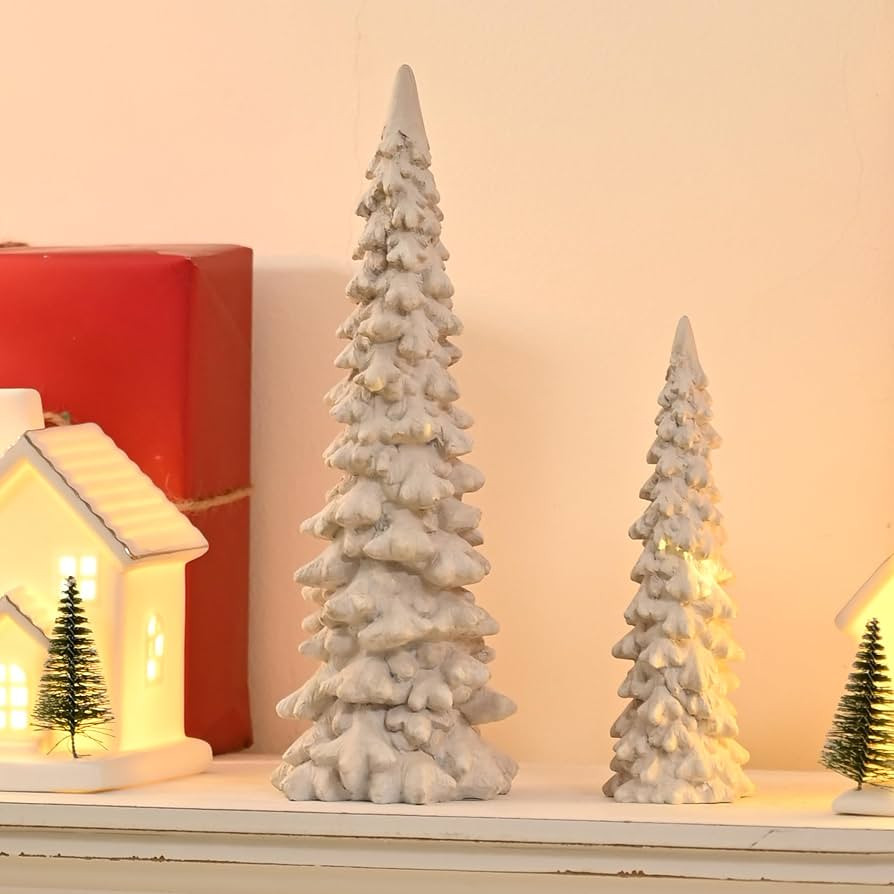 White Tabletop Christmas Tree, 2Pcs Resin Small Christmas Tree Figurines, Decorative Christmas Tr... | Amazon (US)