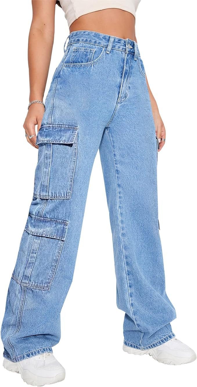 Women's High Waist Baggy Cargo Jeans Flap Pocket Y2K Streetwear Wide Leg Denim Pants | Amazon (US)