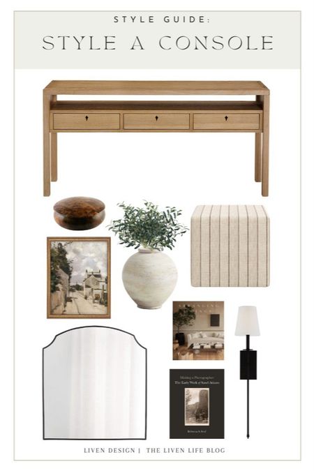 console table styling. console table decor. console table. burl wood box. arch mirror. wall sconce with shade. landscape painting. vase. coffee table book. striped ottoman. entryway. 

#LTKsalealert #LTKstyletip #LTKhome