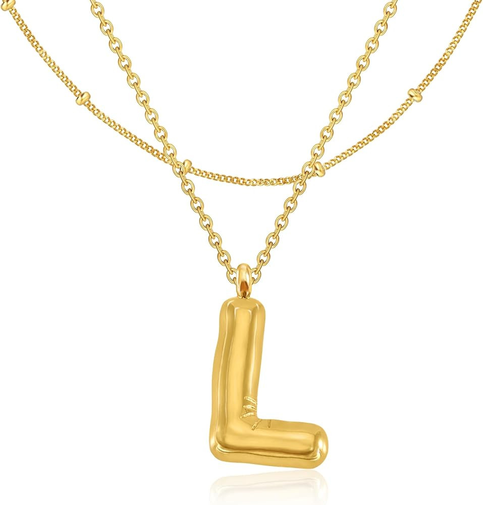 Bubble Letter Necklace Gold Women Girls - 18K Gold Plated Initial Necklaces for women, Dainty Let... | Amazon (US)