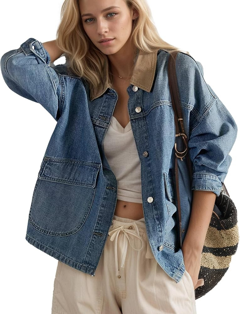Womens Oversized Lemon Denim Barn Jacket with Contrast Trim Long Sleeve Button Down Jean Coat wit... | Amazon (US)