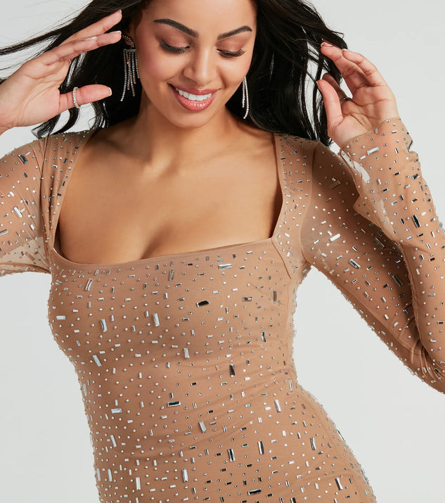 Dazzling Glam Long Sleeve Rhinestone Mesh Mini Dress | Windsor Stores