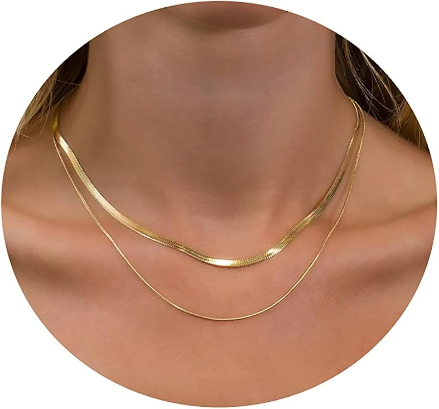 Tasiso 14K Gold Filled Herringbone Choker Necklace Set Double Layer Snake Chain Herringbone Chain... | Amazon (US)
