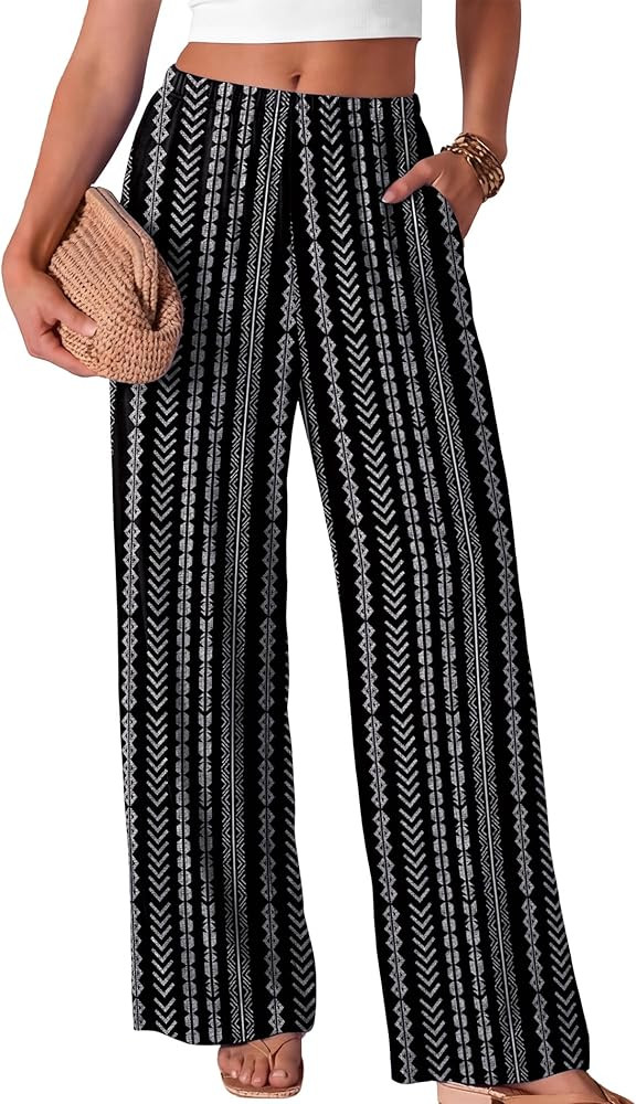 Wide Leg Pants for Women Flowy Palazzo Elastic Waist Trousers with Pockets Summer Spring Outfits | Amazon (US)