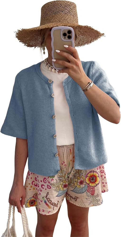 SCUSTY Women's Lightweight Cardigan Short Sleeve Button-Down Summer Cardigan Sweater | Amazon (US)