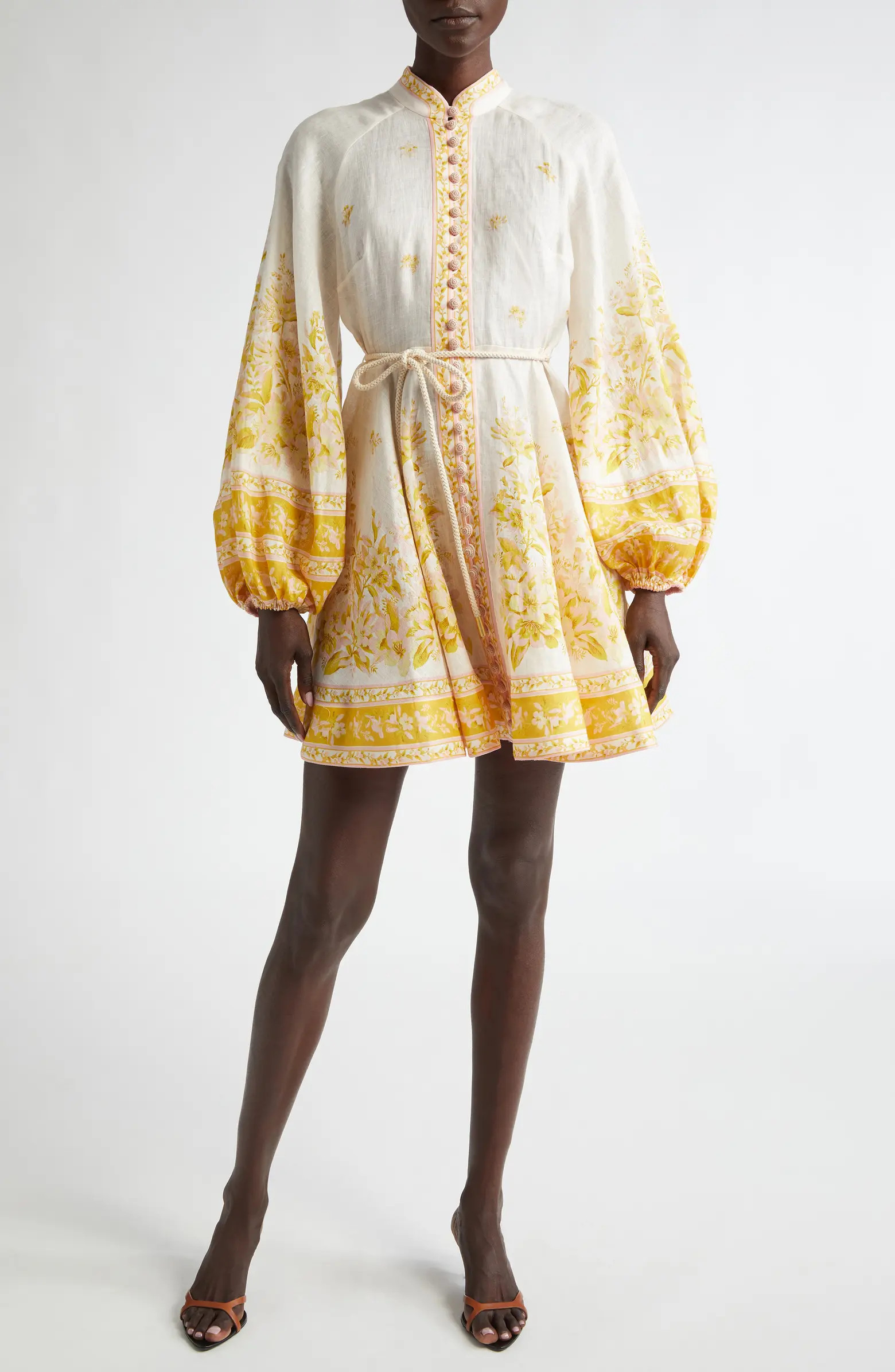 Floral Long Sleeve Belted Linen Minidress | Nordstrom