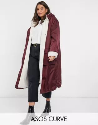ASOS DESIGN Curve borg lined maxi raincoat in burgundy | ASOS (Global)