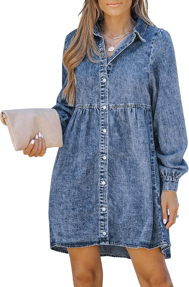 LookbookStore Long Sleeve Denim Dress for Women Jean Dress Button Down Casual Babydoll Denim Shir... | Amazon (US)