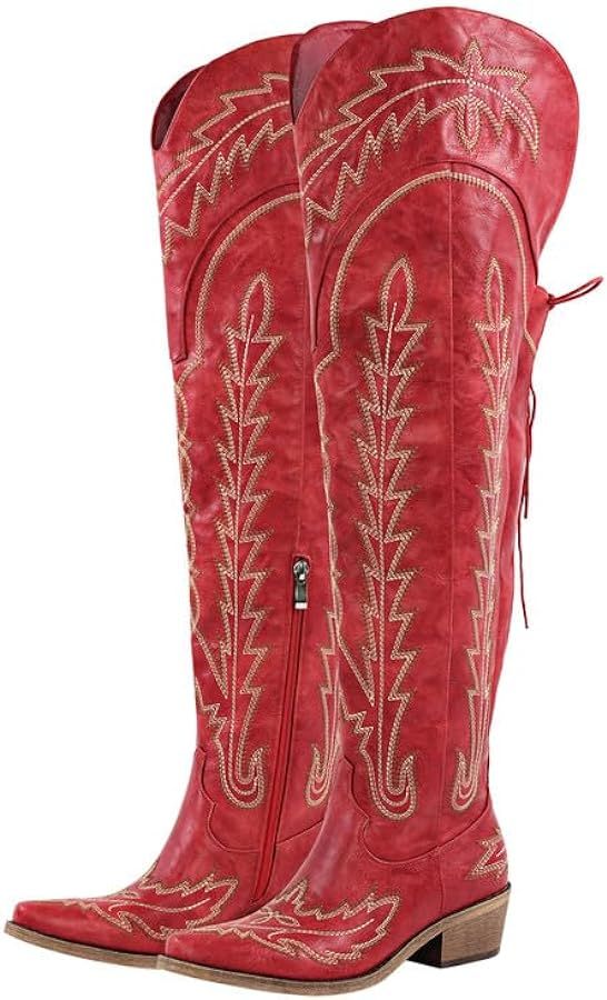 sexytag Cowgirl Boots Thigh High Wide Calf Embroidered Western Cowboy Boots | Amazon (US)