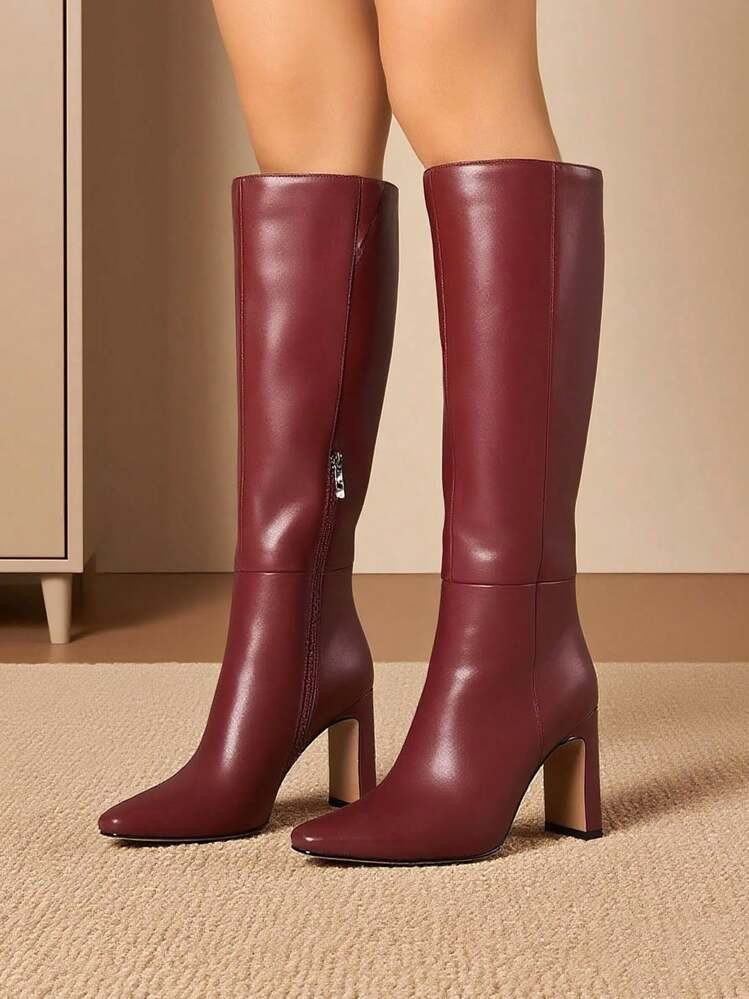 Women's Solid Knee High Boots Fashion Square Toe Block Chunky High Heels Side Zipper Party Dress Sexy Fall Boots Woman | SHEIN