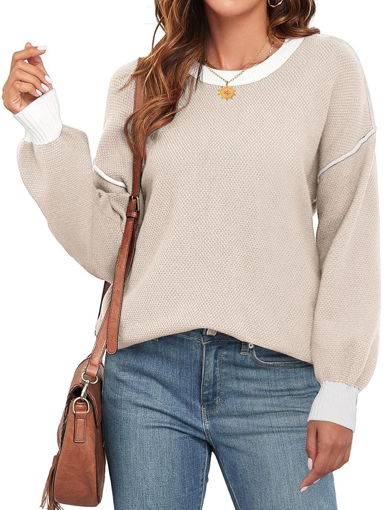 WEACZZY Women's 2025 Fall Fashion Crew Neck Long Sleeve Oversized Color Block Sweaters Ribbed Kni... | Amazon (US)