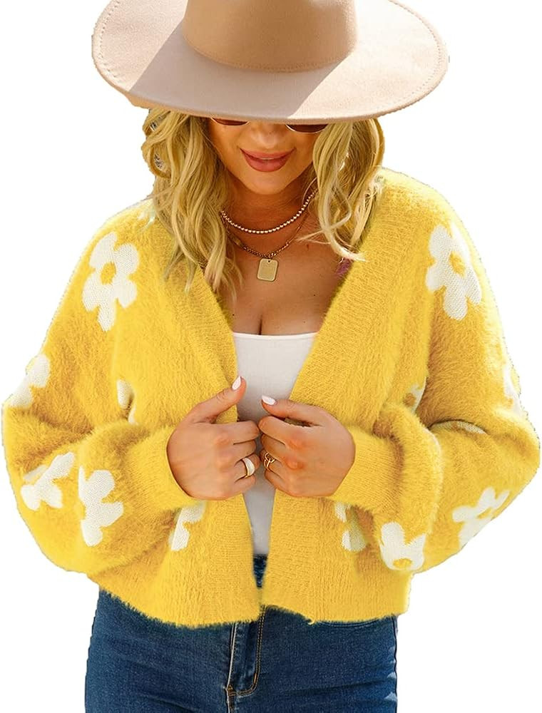 Women's Long Sleeve Open Front Cardigan Loose Knit Sweater Cardigans Floral Casual Outerwear | Amazon (US)